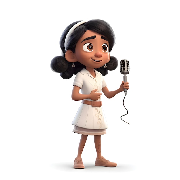 3D Render de una niña con micrófono aislado sobre fondo blanco.
