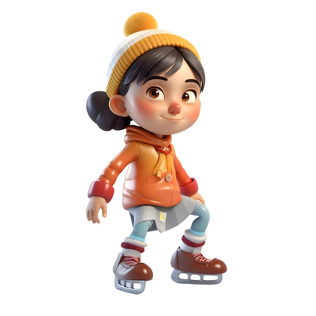 3D Render de una niña patinando sobre hielo sobre fondo blanco.