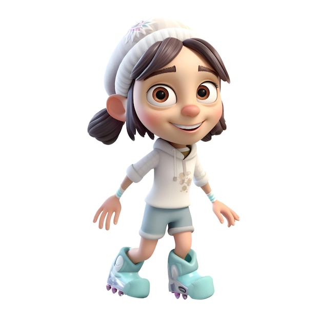 3D Render de una niña con patines sobre fondo blanco.