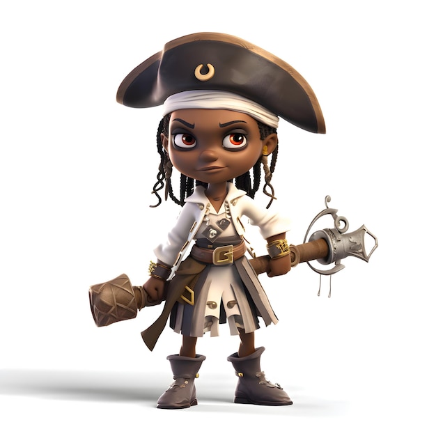 3D Render de una niña pirata con pistola sobre fondo blanco.