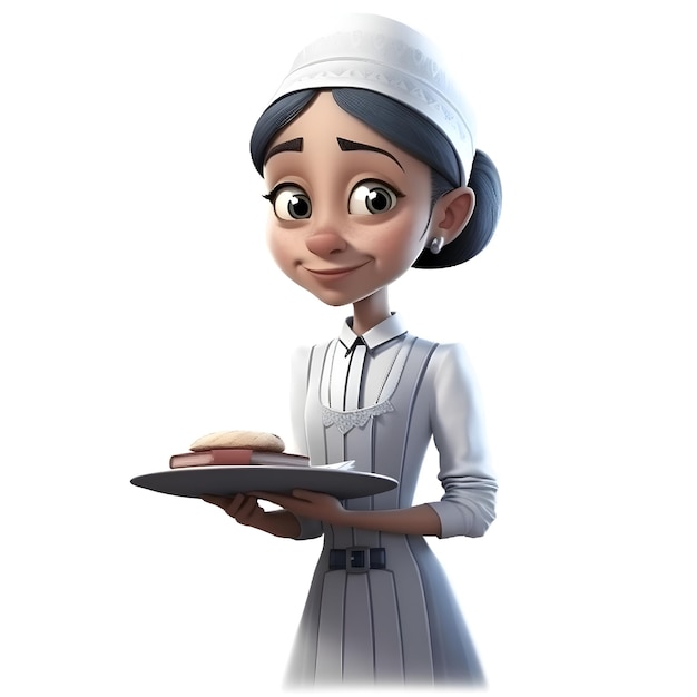 3D Render de niña con sombrero de chef y sosteniendo un plato