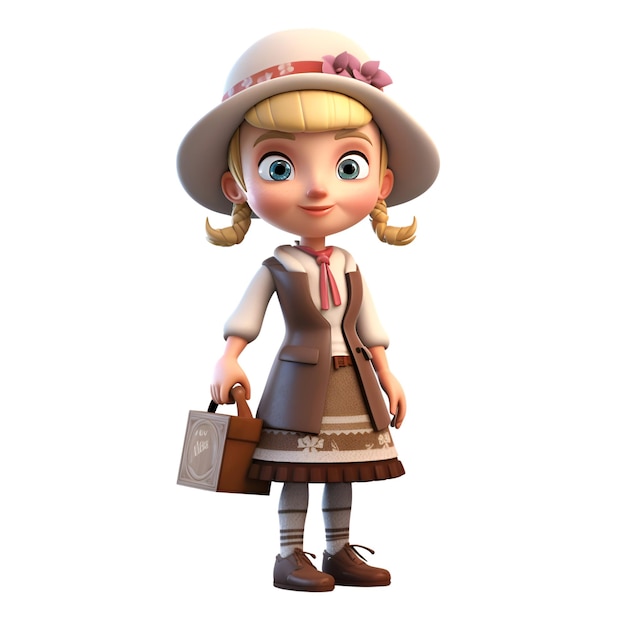 3D Render de niña con sombrero con maleta sobre fondo blanco.