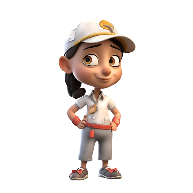 3D Render de una niña con sombrero de safari y uniforme