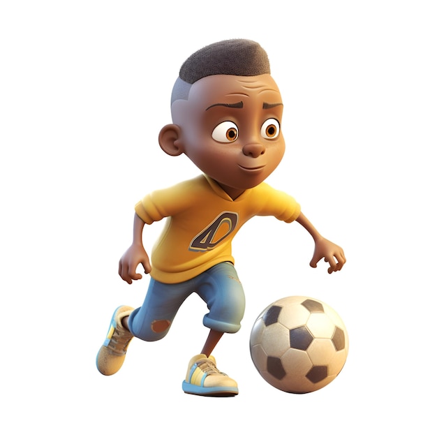 3D Render de un niño afroamericano con balón de fútbol
