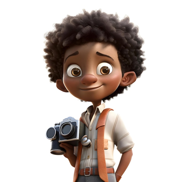 3D Render de un niño afroamericano con una cámara aislada sobre fondo blanco.