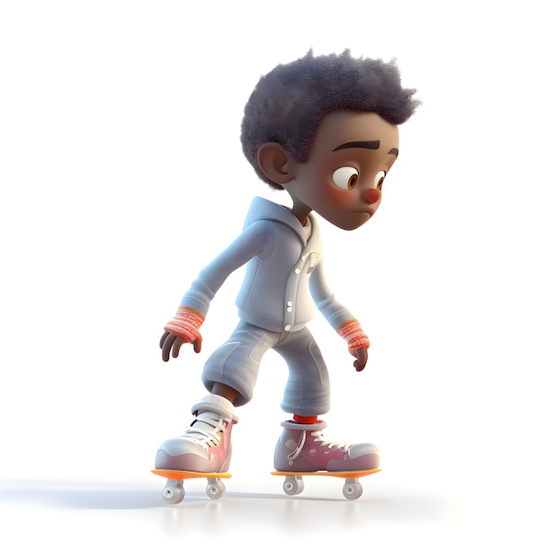 3D Render de un niño afroamericano en patines