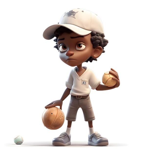3D Render de un niño afroamericano con pelota de béisbol