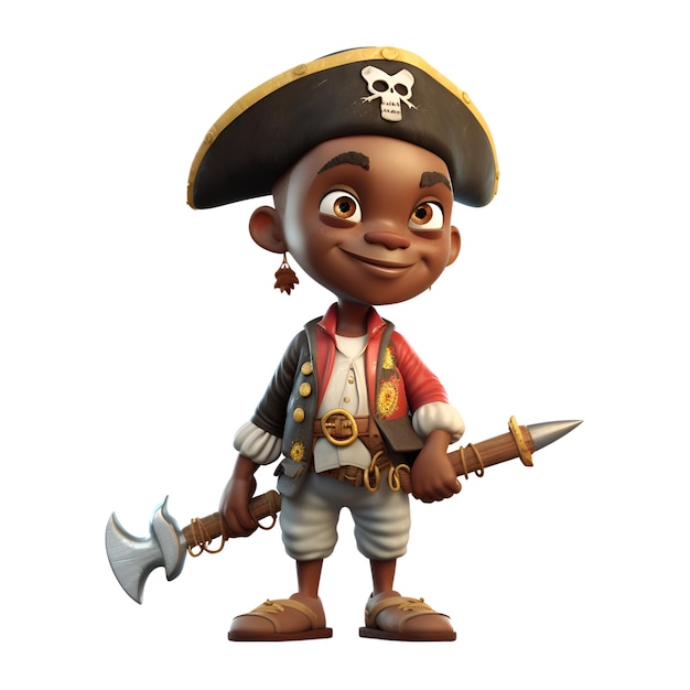 3D Render de un niño afroamericano pirata con un hacha