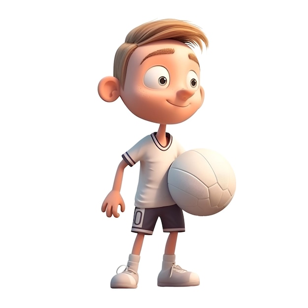 3D Render de un niño con un balón de fútbol aislado sobre fondo blanco.