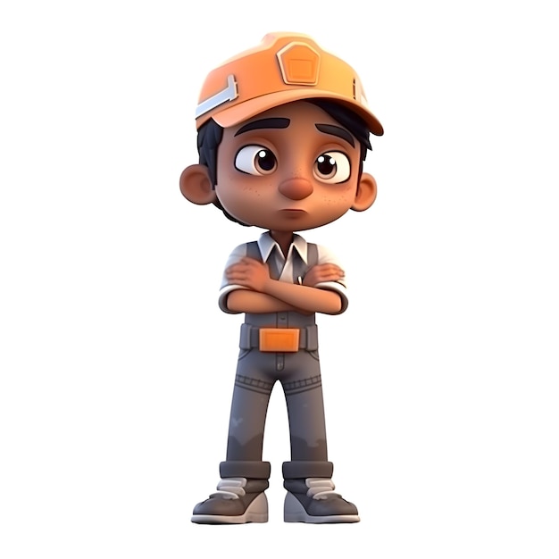 3D Render de un niño con casco y uniforme de trabajador de la construcción