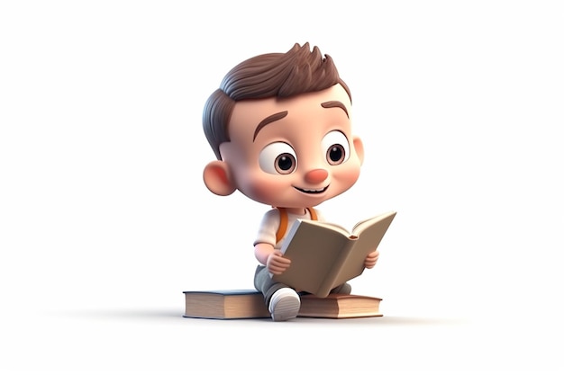 3D Render de un niño leyendo un libro en ai generativo de fondo aislado