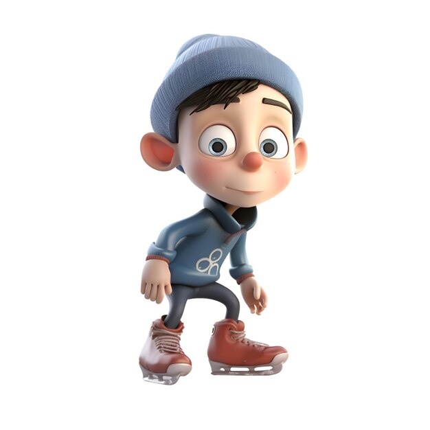 3D Render de un niño con patines de hielo sobre fondo blanco.