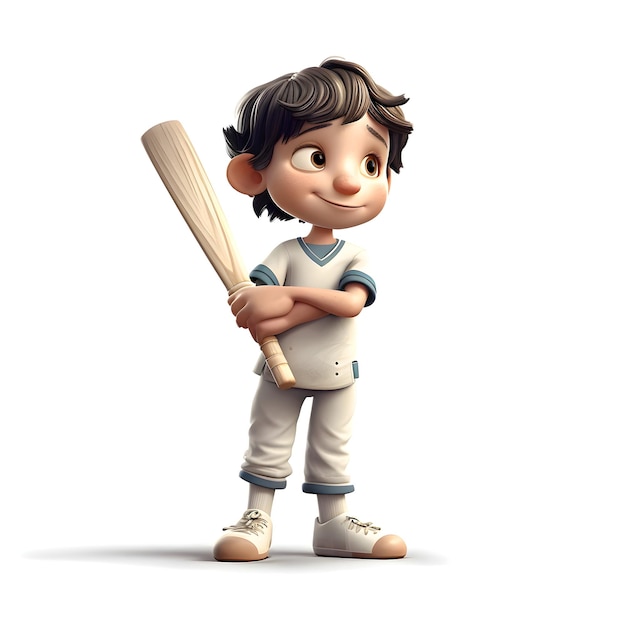 3D Render de un niño pequeño con bate de béisbol sobre fondo blanco.