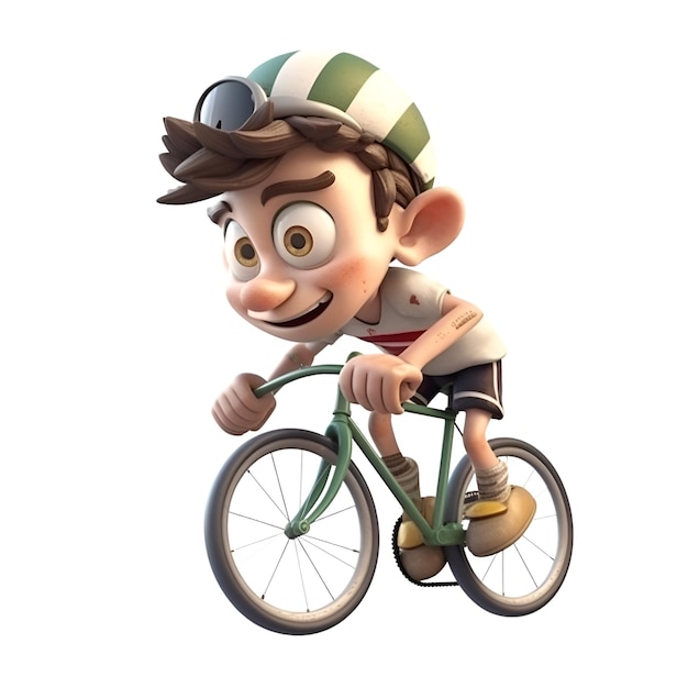 3D Render de un niño pequeño con una bicicleta sobre fondo blanco.