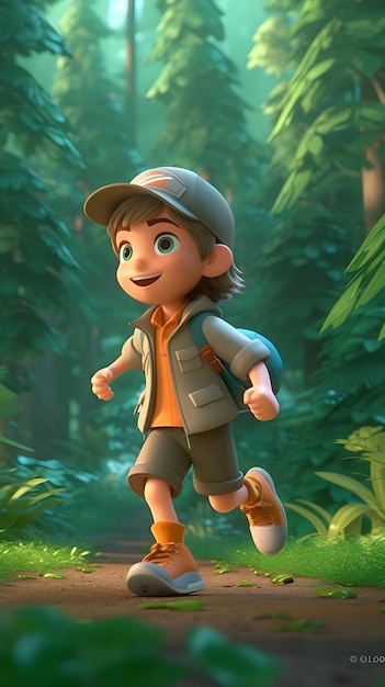 3d render niño pequeño explorando en la mascota del bosque