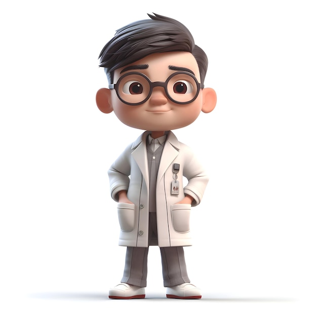 3D Render de un niño pequeño con gafas y una bata de laboratorio