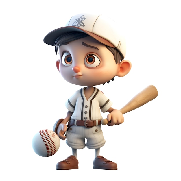 3D Render de un niño pequeño con gorra de béisbol y bate sobre fondo blanco.