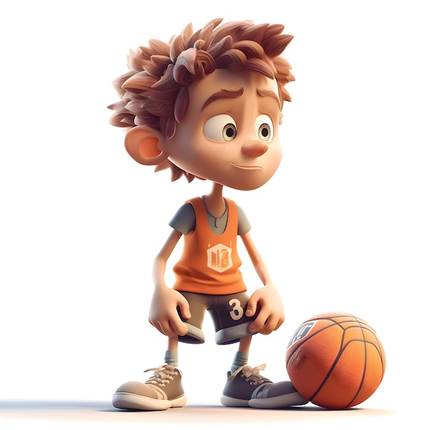 3D Render de un niño pequeño jugando baloncesto con trazado de recorte