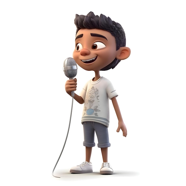 3D Render de un niño pequeño con un micrófono sobre fondo blanco.