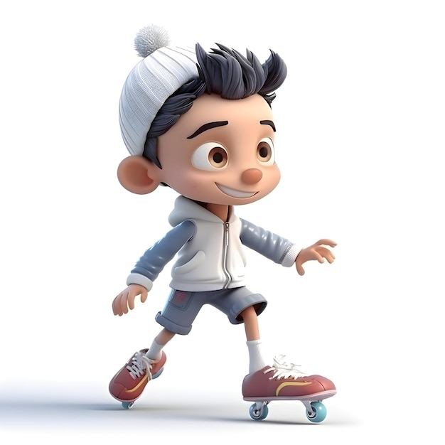 3D Render de un niño pequeño con monopatín sobre fondo blanco.