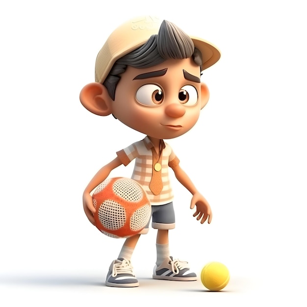 Foto 3d render de un niño pequeño con una pelota en la mano