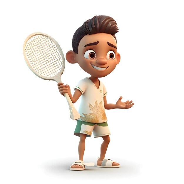Foto 3d render de niño pequeño con raqueta de tenis en fondo blanco con sombra