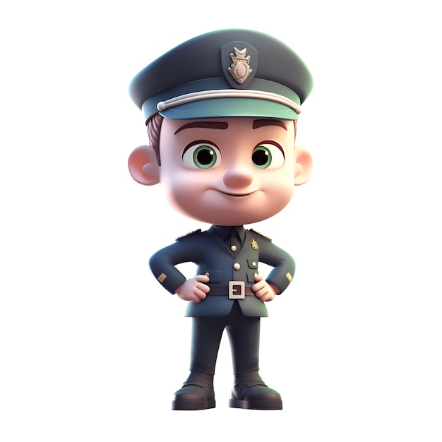 3D Render de un niño pequeño con sombrero de policía y uniforme
