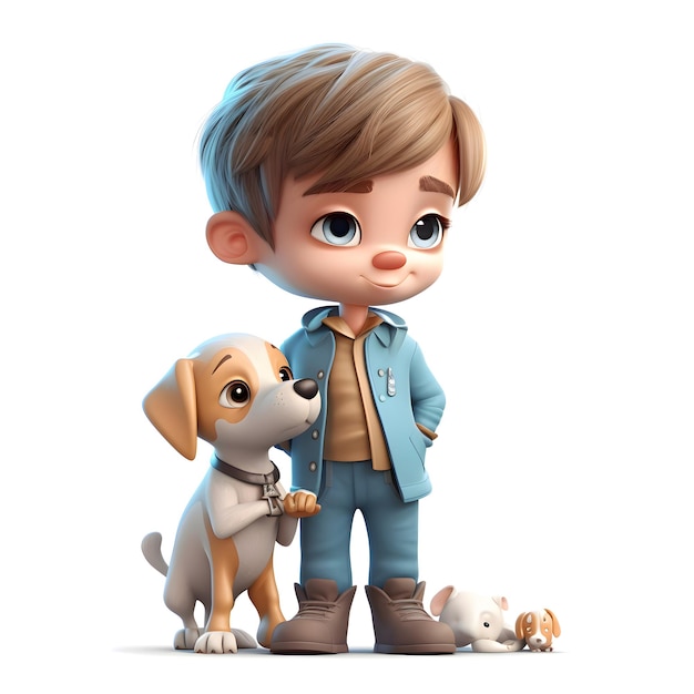 3D Render de un niño pequeño con su perro sobre fondo blanco.