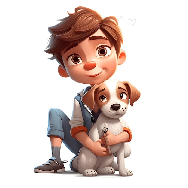 Foto 3d render de un niño con un perro sobre un fondo blanco.