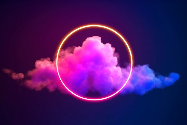 Foto 3d render nube abstracta iluminada con anillo de luz de neón en el cielo nocturno oscuro forma geométrica brillante marco redondo generar ai