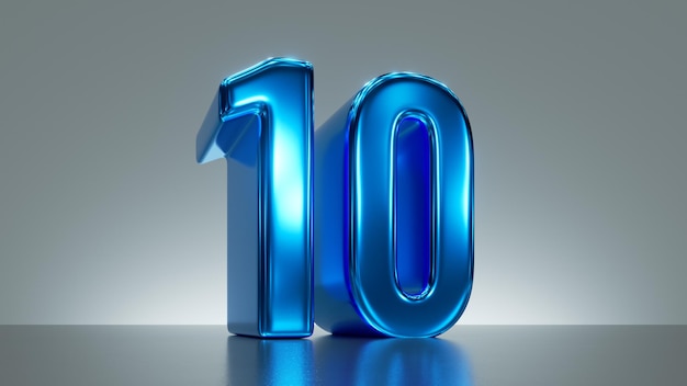 3D-Render Nummer zehn blau glänzendes metallisches Symbol Top-Chart