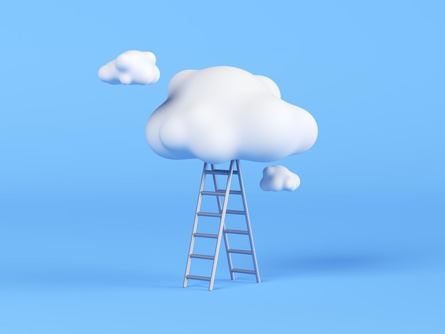 3d render nuvem branca acima da escada azul isolado em fundo azul