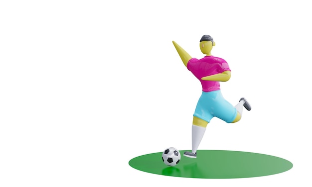 3d render O personagem de jogador de futebol de plástico balança a perna para chutar a bola Copa do Mundo de Futebol