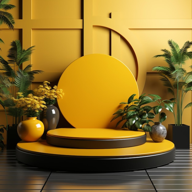 3d render o pódio do círculo amarelo com fundo moderno e decoração de plantas