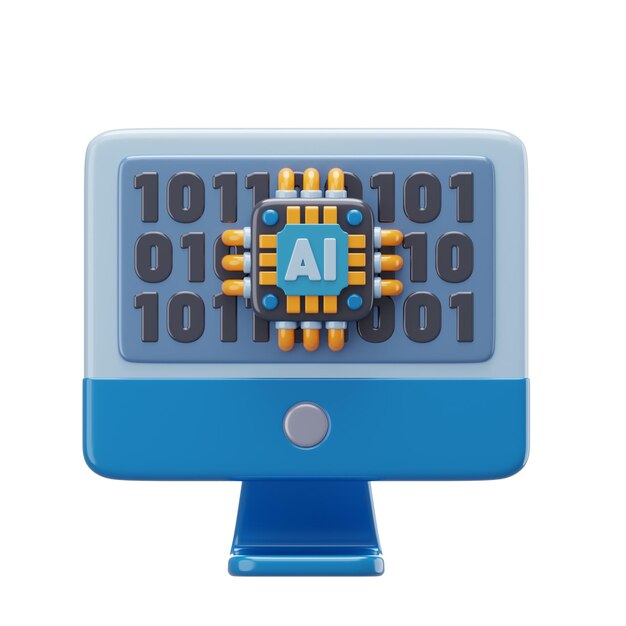 3D Render of an AI Computer Displaying Binary Code and a Processor