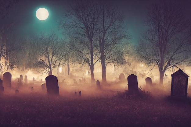 3D Render of Graveyard Cemetery en Spooky Dark Night para el concepto de Halloween