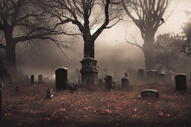 3D Render of Graveyard Cemetery en Spooky Dark Night para el concepto de Halloween