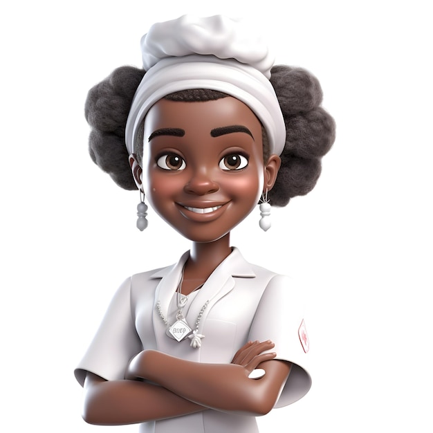 3D Render of Little African Girl con sombrero de chef y bata blanca