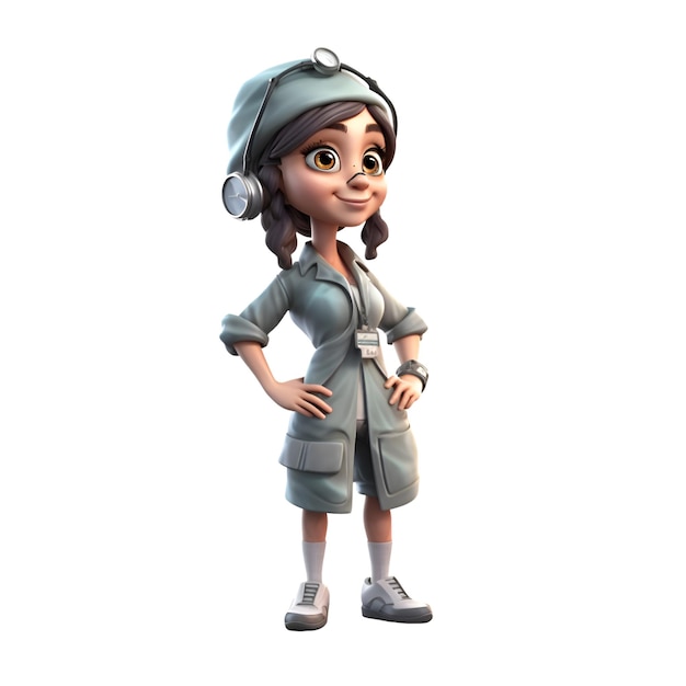 3D Render of Little Girl con gorra militar y overol verde