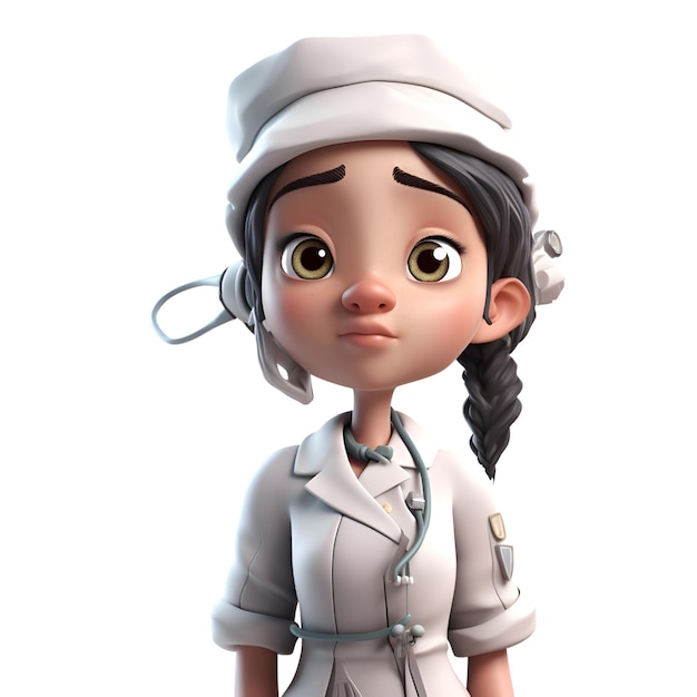 3D Render of Little Nurse con estetoscopio y fondo blanco.