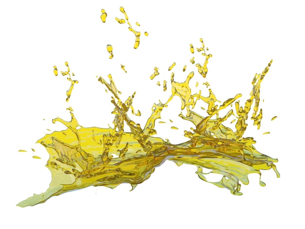 3D Render Oil ou Juice e splash para energia de energia em fundo branco incluem caminho de recorte