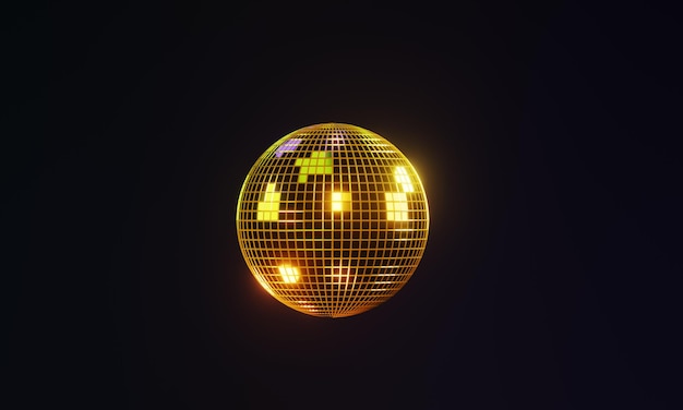 3D Render de oro brillante y reflectante bola de discoteca aislado sobre fondo negro