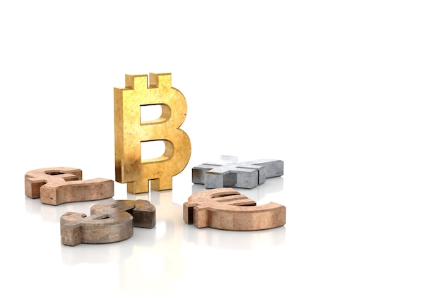 3d render oro signo de bitcoin con otros signos de dinero cayendo a su alrededor sobre fondo blanco.