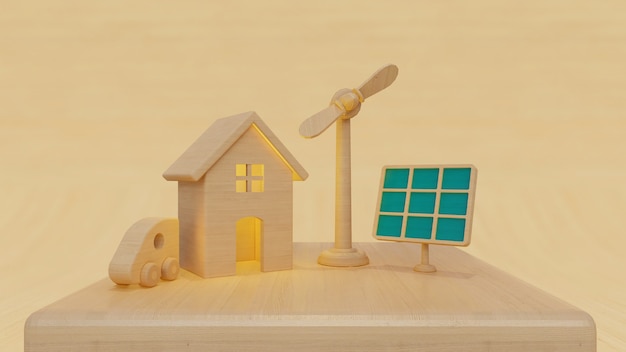 Foto 3d render painel solar e turbina eólica com uma casa e um carro em todo o fundo bege