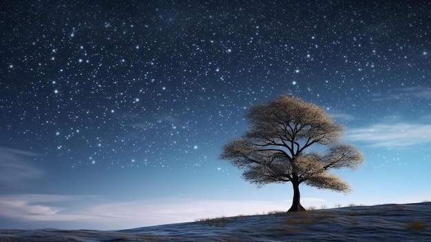 3d render de un paisaje con árbol contra un cielo nocturno