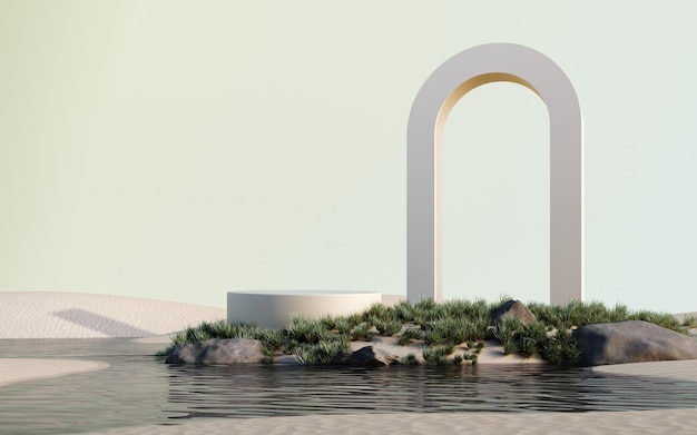 3d render de paisaje surrealista con podio redondo en el agua arena blanca y hierba