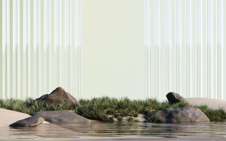 3d render de paisaje surrealista con podio redondo en el agua arena blanca y hierba