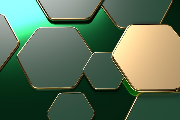 3D render papel tapiz hexágono línea dorada moderno color verde para tecnología de redes estilo innovador