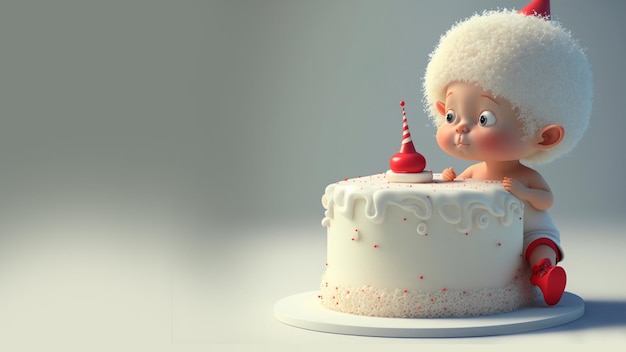 3D Render pastel de cumpleaños de bebé con juguete sobre fondo gris claro brillante