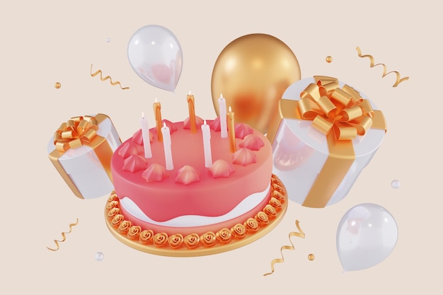 3d render pastel de cumpleaños rosa con globos de velas de rosas doradas y caja de regalo blanca con lazo dorado